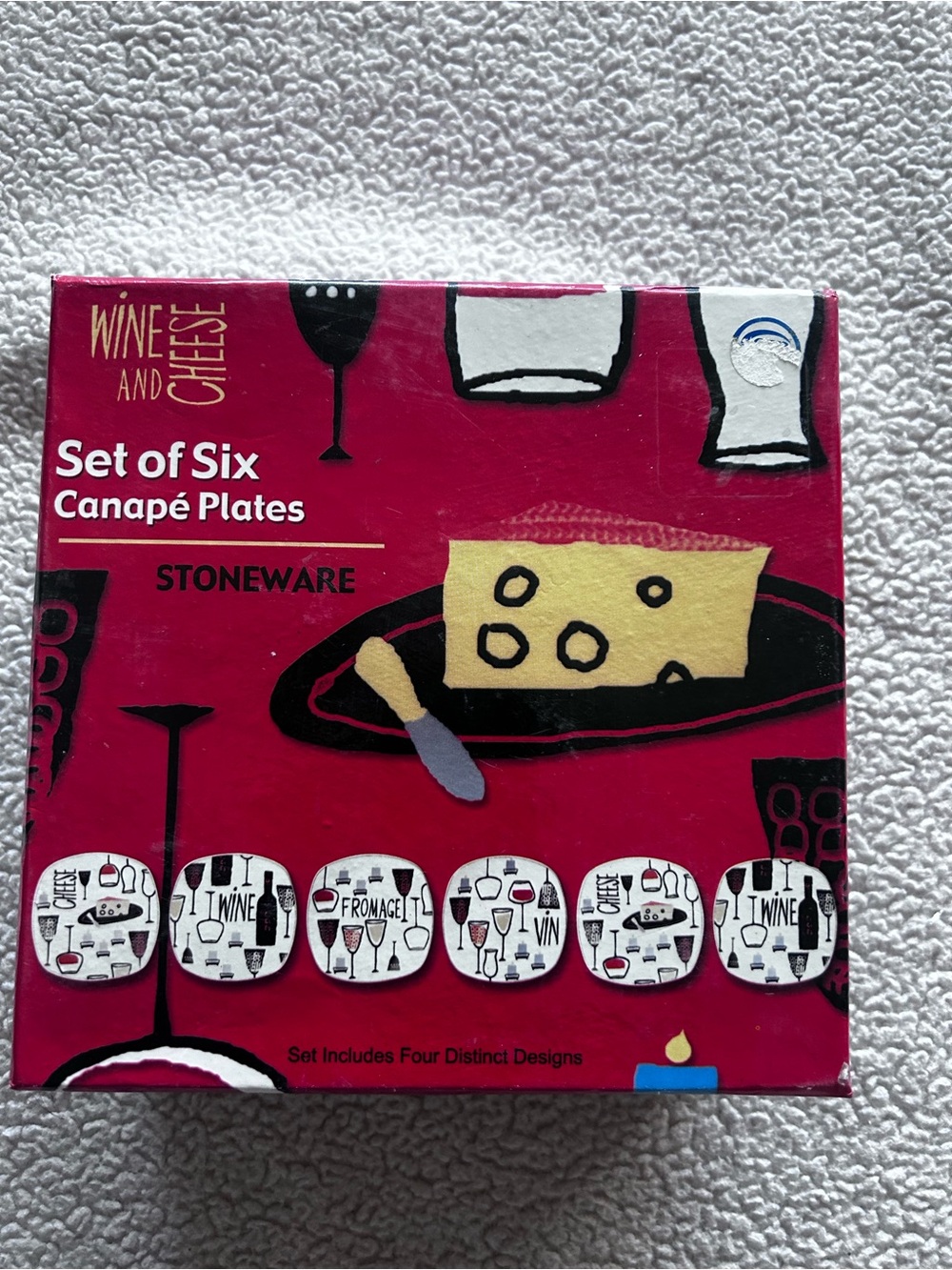 Vintage Wine & Cheese Canapé Plates Set of 6 Stoneware NEW Discontinued